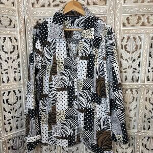 Ashley Stewart Multi All-Over Print Button Up Shirt Black White Brown Size 24